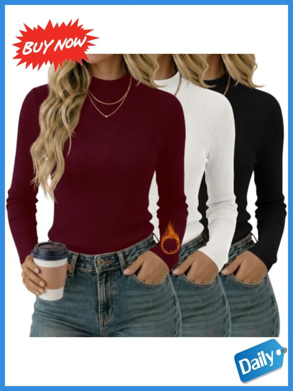 Women's Fleece Mock Turtleneck Long Sleeve Thermal Tops 3 Pack Layer